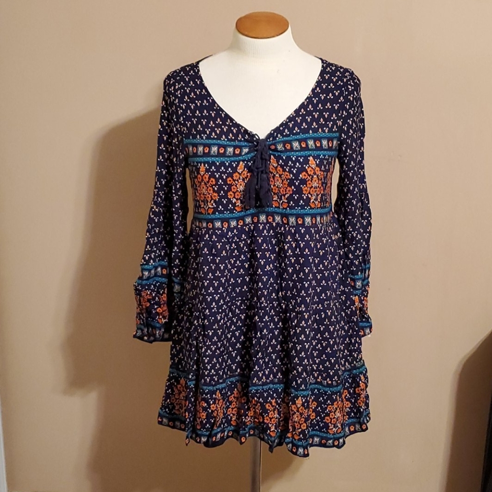 Navy blue & peach design long-sleeve dress sz med